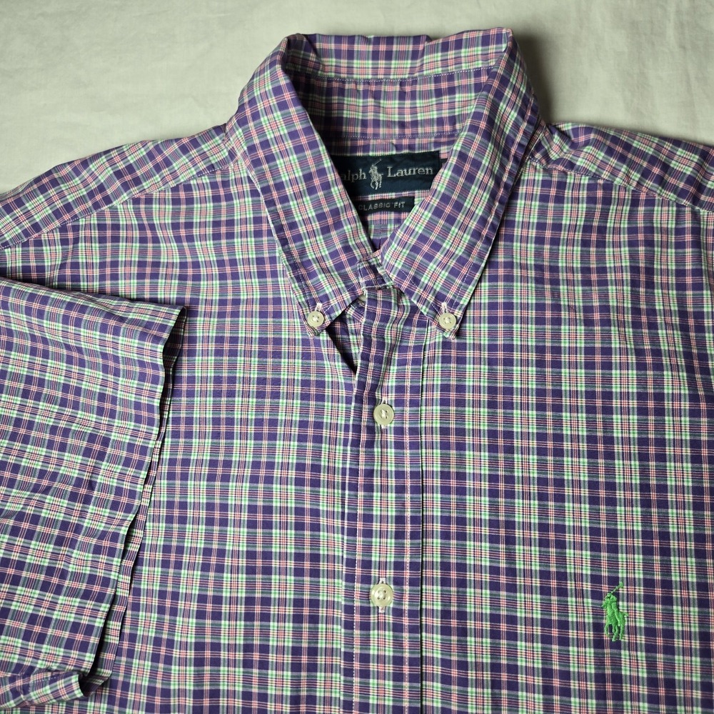 Ralph Lauren‎ Shirt Mens XL Purple Plaid Short Sleeve Button Down Classic Fit